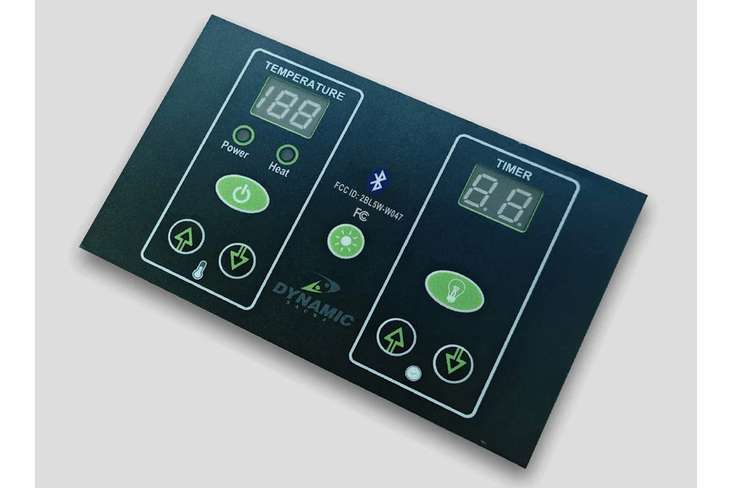 Dark teal digital control panel with green illuminated buttons, temperature and timer digital displays, power and heat contro