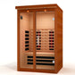 Wooden sauna with interior lights and shelves