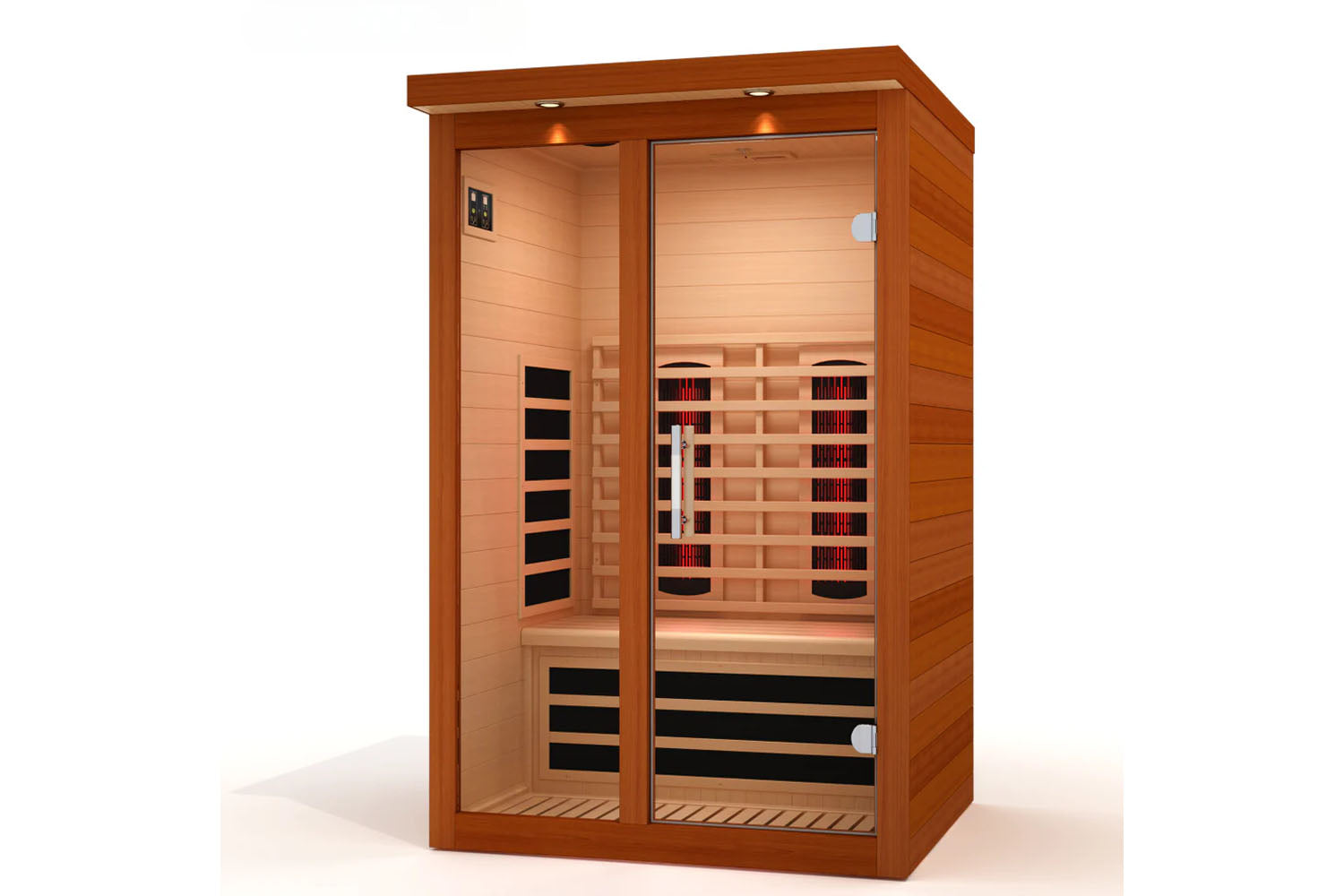Wooden sauna with interior lights and shelves