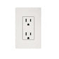 White duplex electrical outlet with two vertical slots and grounding holes, mounted on light gray wall plate