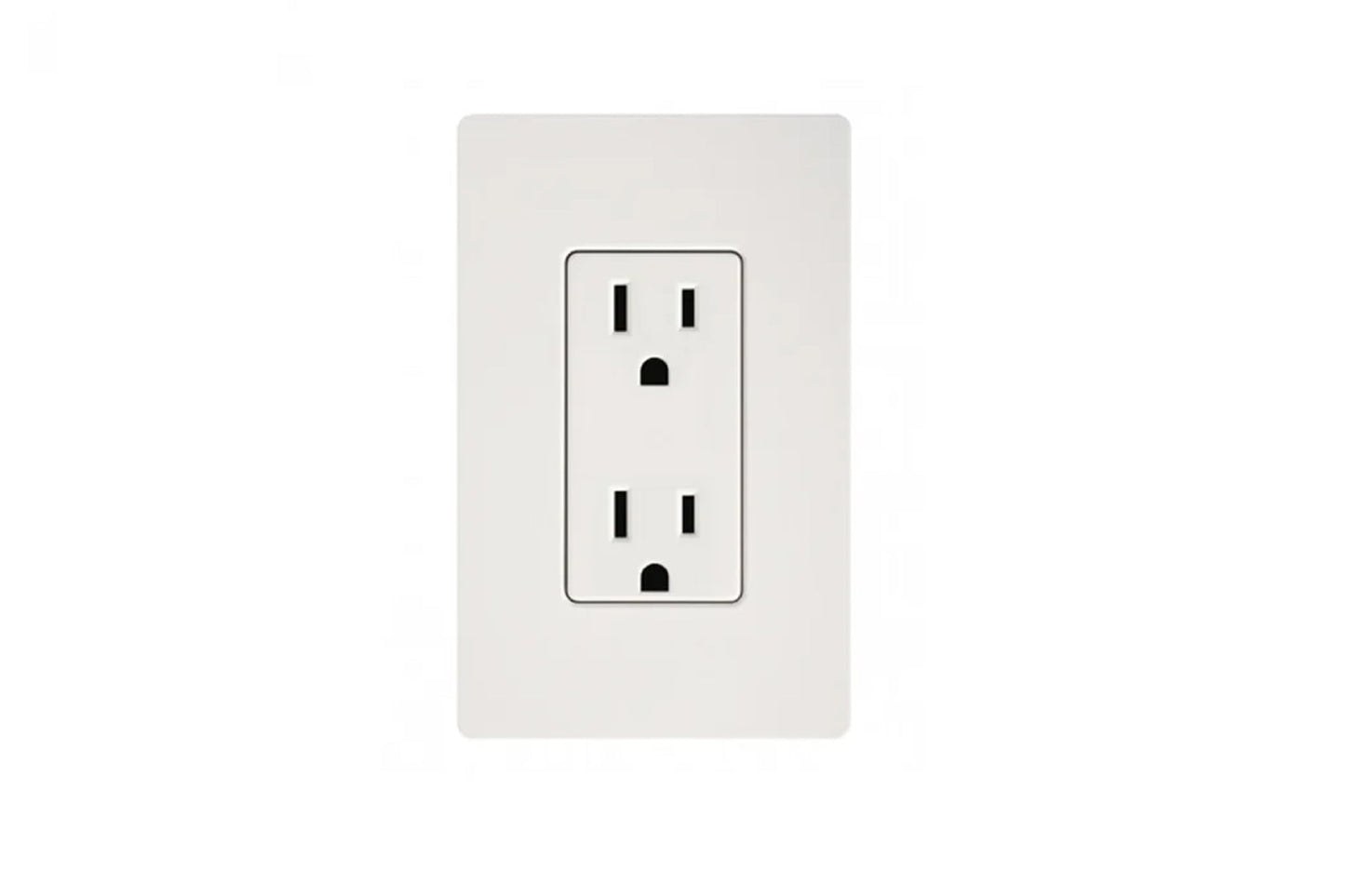 White duplex electrical outlet with two vertical slots and grounding holes, mounted on light gray wall plate