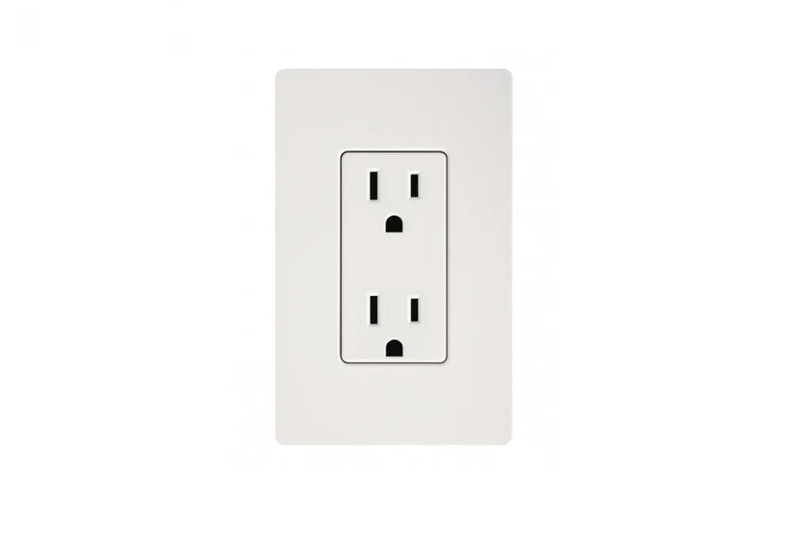 White duplex electrical outlet with two vertical slots and grounding holes, mounted on light gray wall plate