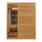 Golden Designs Soria 3-person full spectrum hybrid sauna with light wood exterior, glass door with black frame, vertical heat