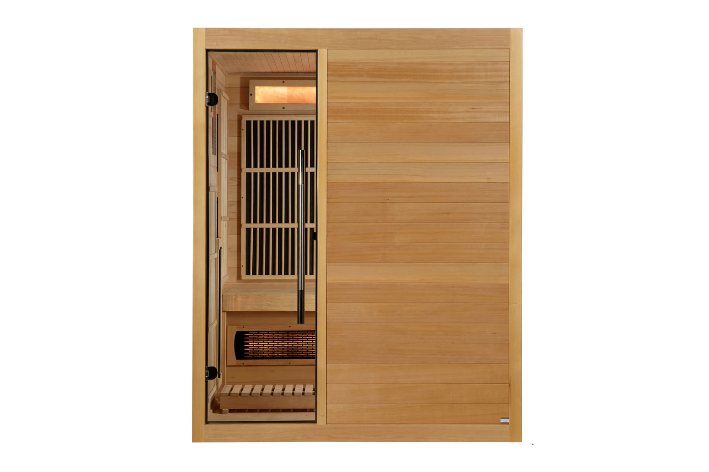 Golden Designs Soria 3-person full spectrum hybrid sauna with light wood exterior, glass door with black frame, vertical heat