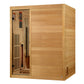 Golden Designs Soria 3-person infrared sauna with light wood cedar construction, glass door, and control panels on white back