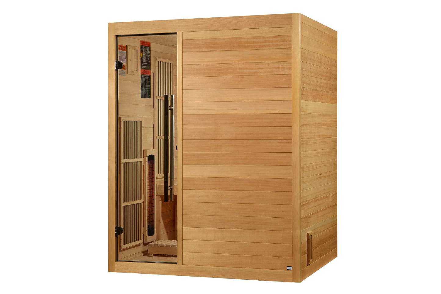 Golden Designs Soria 3-person infrared sauna with light wood cedar construction, glass door, and control panels on white back