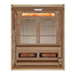 Golden Designs Soria 3-person cedar sauna with full spectrum heaters, vertical frosted glass panels, and infrared heating ele