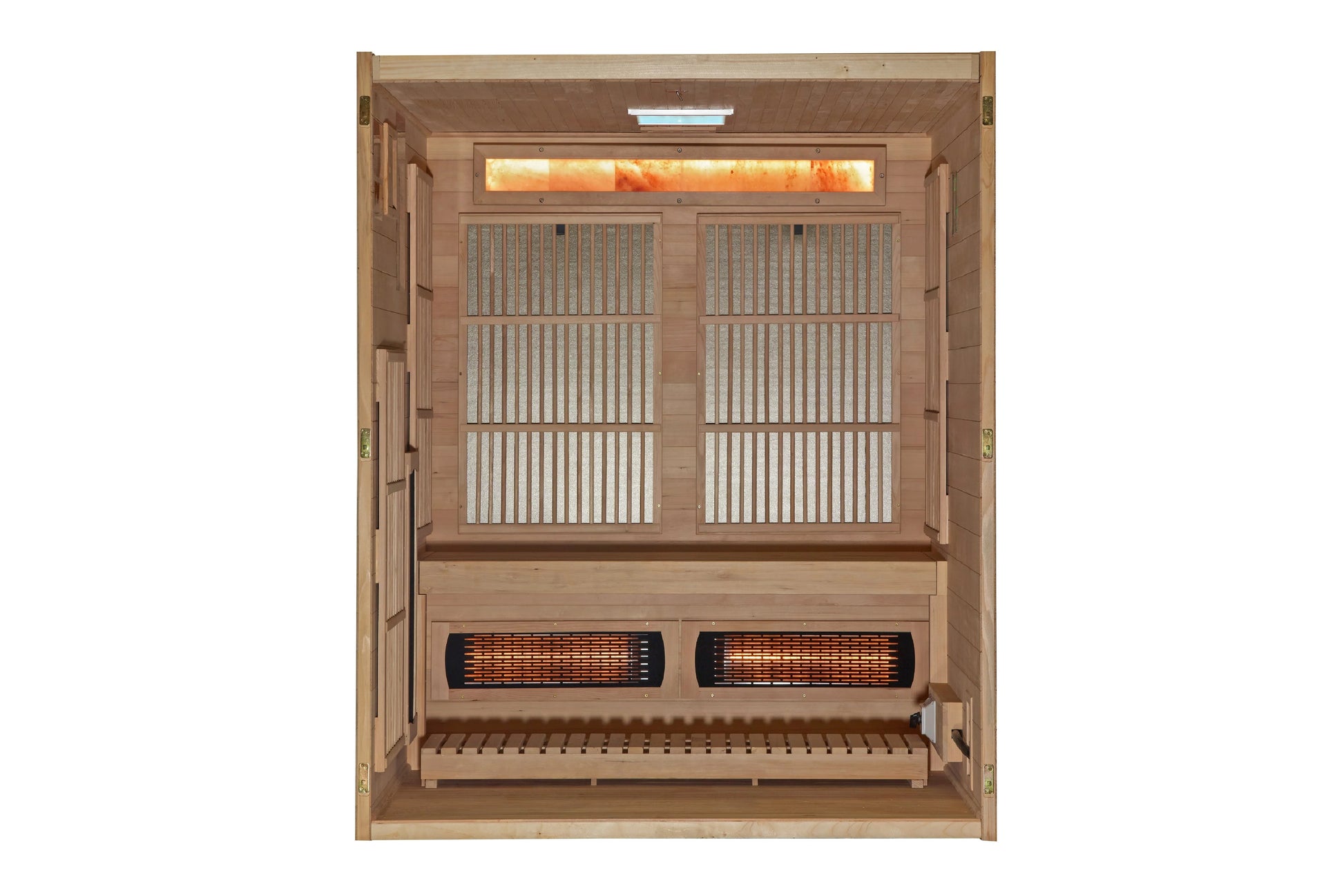 Golden Designs Soria 3-person cedar sauna with full spectrum heaters, vertical frosted glass panels, and infrared heating ele