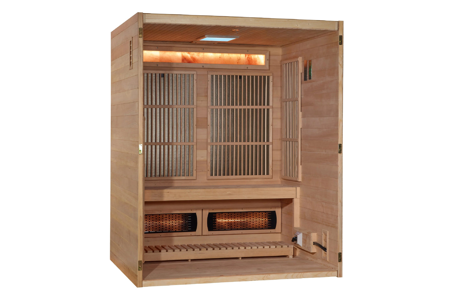 Golden Designs Soria 3-person full spectrum hybrid sauna with wood construction, glass doors, infrared heating elements, and 