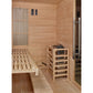 Golden Designs Soria 3-person hybrid sauna interior with light wood paneling, bench seating, and heater unit visible on wall