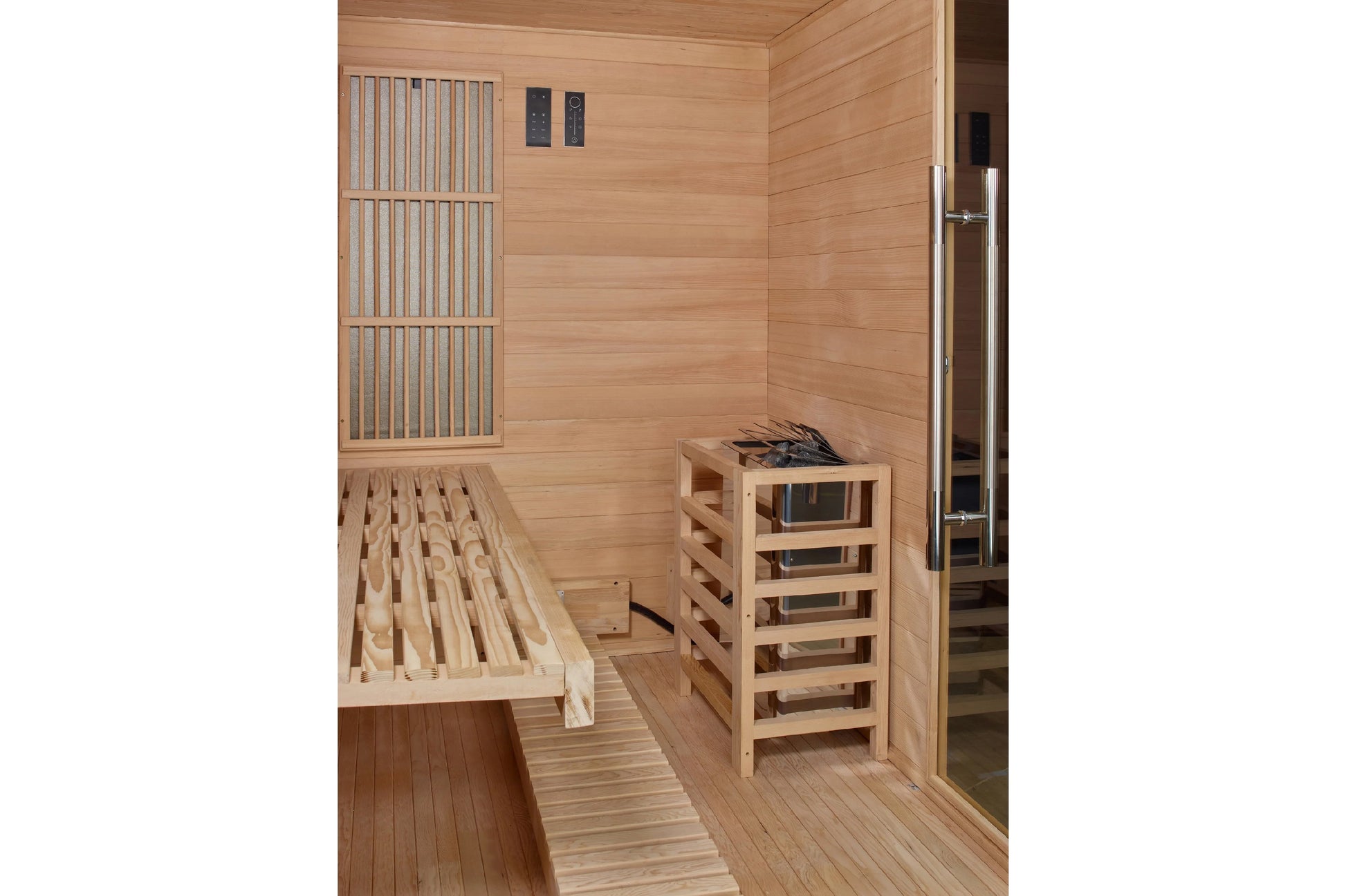 Golden Designs Soria 3-person hybrid sauna interior with light wood paneling, bench seating, and heater unit visible on wall