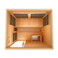 Golden Designs Soria 3-person sauna with natural wood interior, infrared heaters, bench seating, and control panel, overhead 
