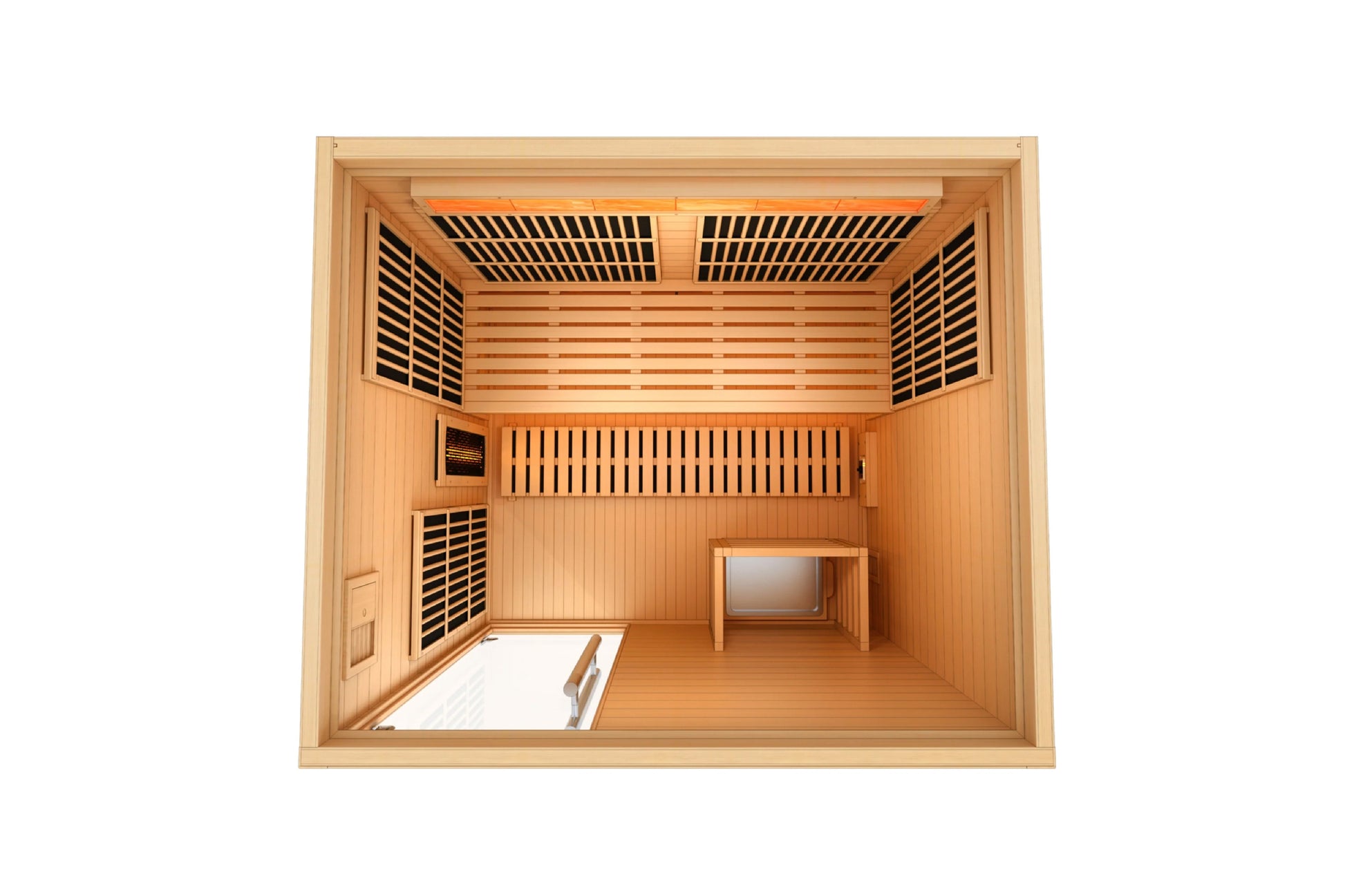 Golden Designs Soria 3-person sauna with natural wood interior, infrared heaters, bench seating, and control panel, overhead 