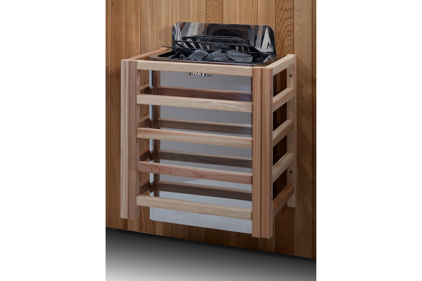 Golden Designs Soria hybrid sauna with light wood cabinet and black interior top, multiple wooden shelves, on wood background