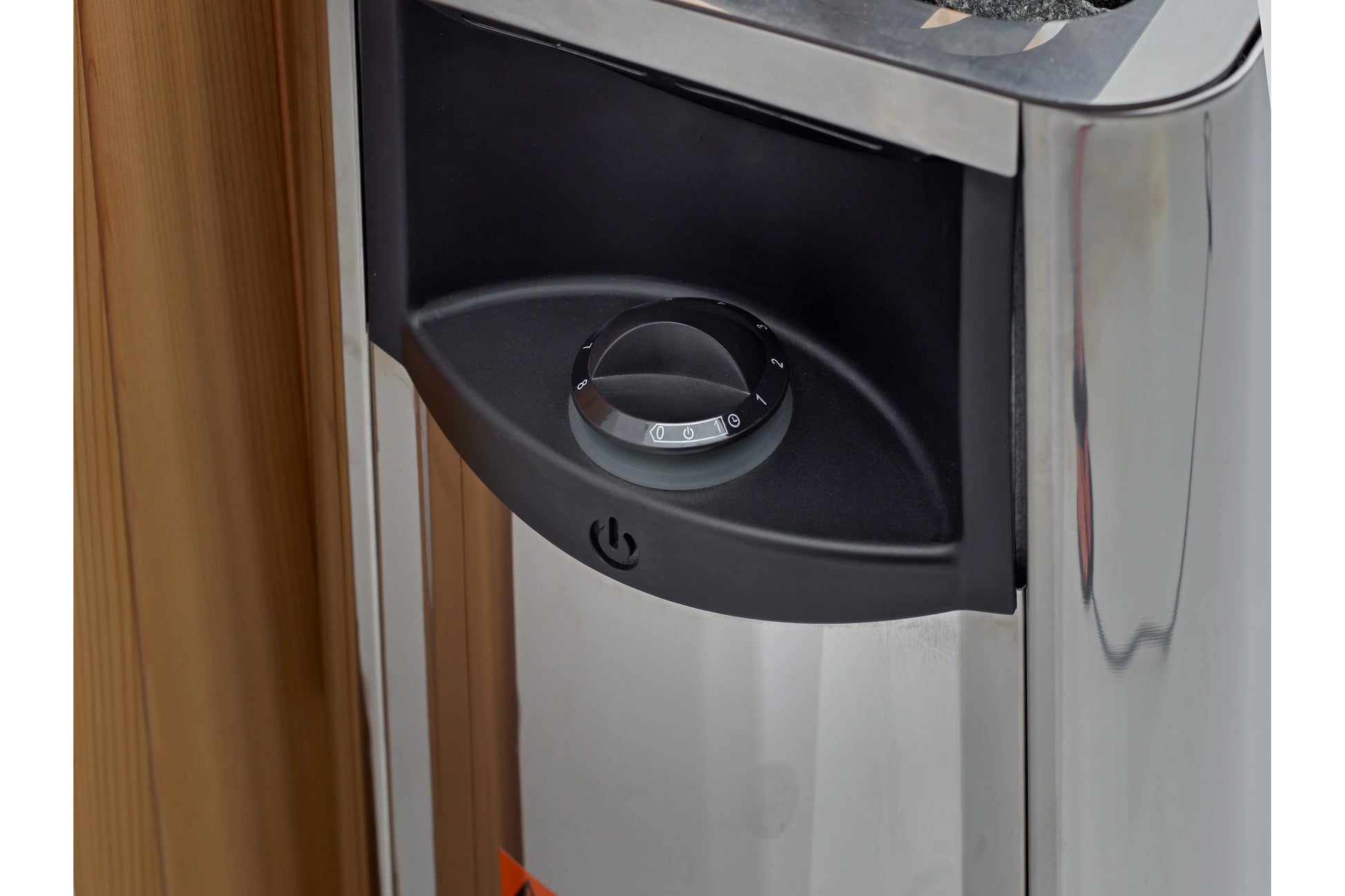 Golden Designs Soria 3-person sauna with black control panel and digital dial, white exterior body, wood door frame visible