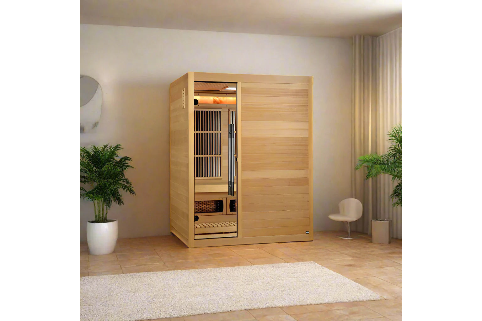 Golden Designs Soria infrared sauna with light wood exterior, glass and wood door panel, interior heater visible, placed in m
