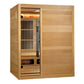 Golden Designs Soria 3-person full spectrum hybrid sauna with wood exterior, glass door, infrared heater, and wood bench inte