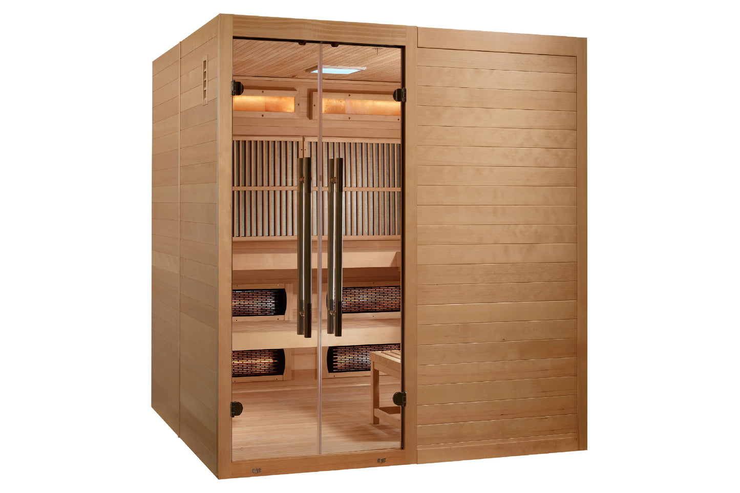 Golden Designs Toledo 6-person infrared sauna with cedar wood construction, glass double doors, and interior heating elements