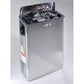 Harvia stainless steel sauna heater with open lid revealing dark stones inside, shown on white background