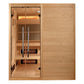 Golden Designs Toledo 6-person full spectrum hybrid sauna with wooden interior, glass door, dual heaters, and lit ceiling pan