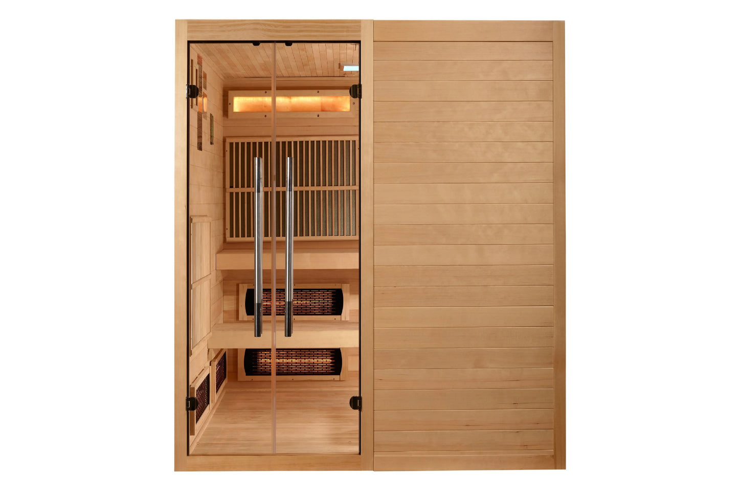 Golden Designs Toledo 6-person full spectrum hybrid sauna with wooden interior, glass door, dual heaters, and lit ceiling pan