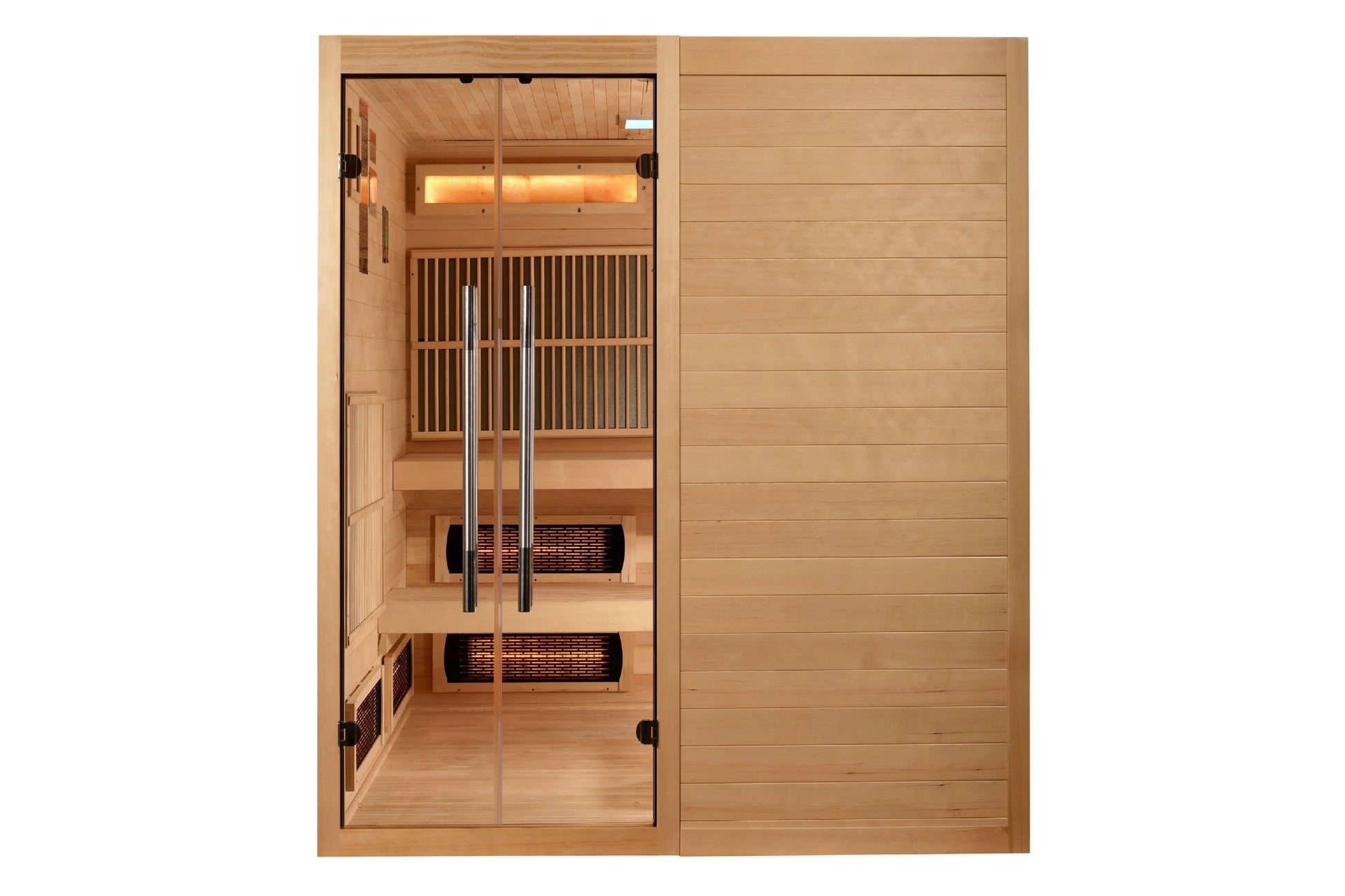 Golden Designs Toledo 6-person full spectrum hybrid sauna with wooden interior, glass door, dual heaters, and lit ceiling pan