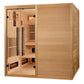 Golden Designs Toledo 6-person infrared sauna with light wood construction, glass door, and interior heating elements visible