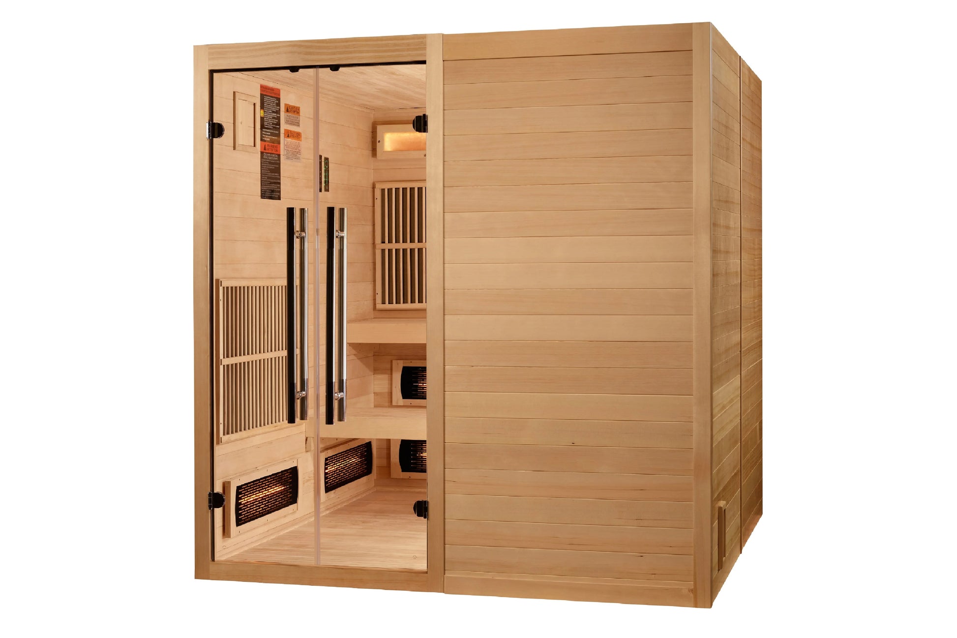 Golden Designs Toledo 6-person infrared sauna with light wood construction, glass door, and interior heating elements visible