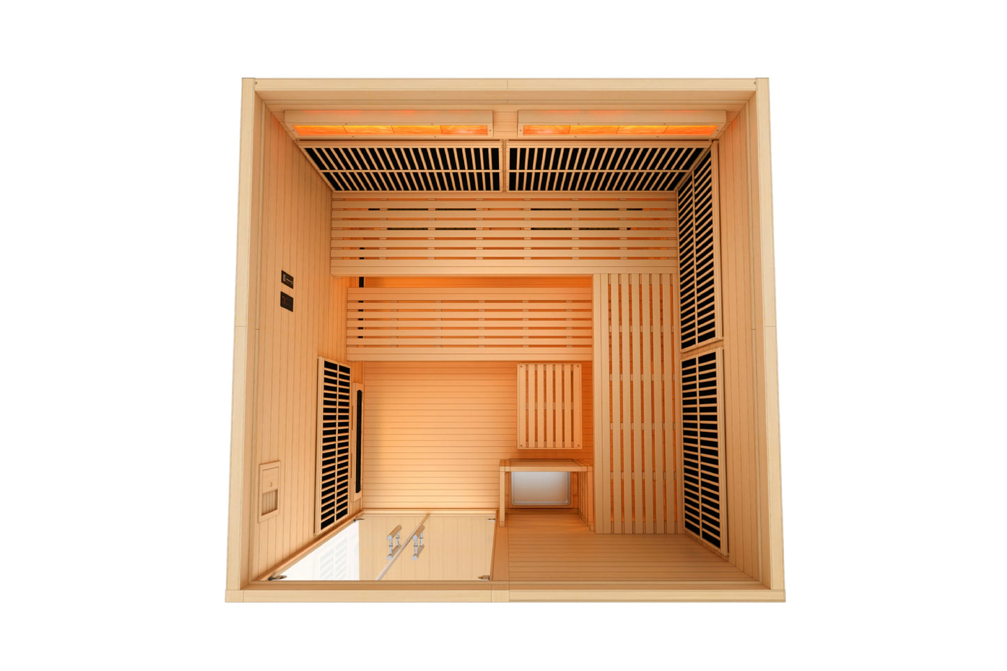 Golden Designs Toledo six-person full spectrum hybrid sauna with wood interior, infrared heaters, and bench seating, top view