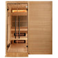 Golden Designs Toledo 6-person full spectrum hybrid sauna with wooden construction, glass door, infrared heaters, and benches