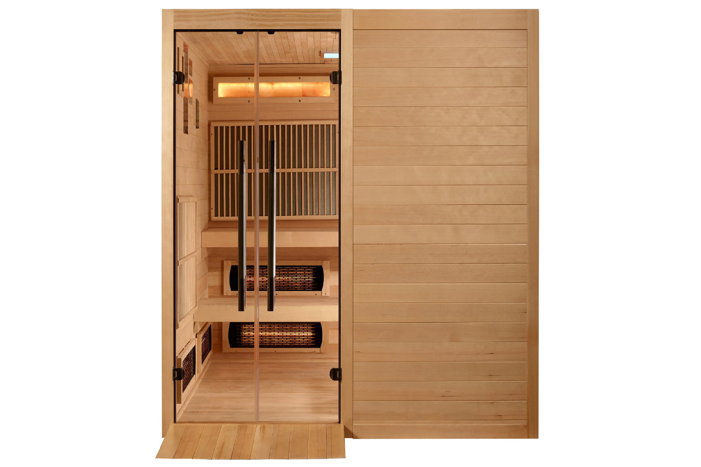 Golden Designs Toledo 6-person full spectrum hybrid sauna with wooden construction, glass door, infrared heaters, and benches
