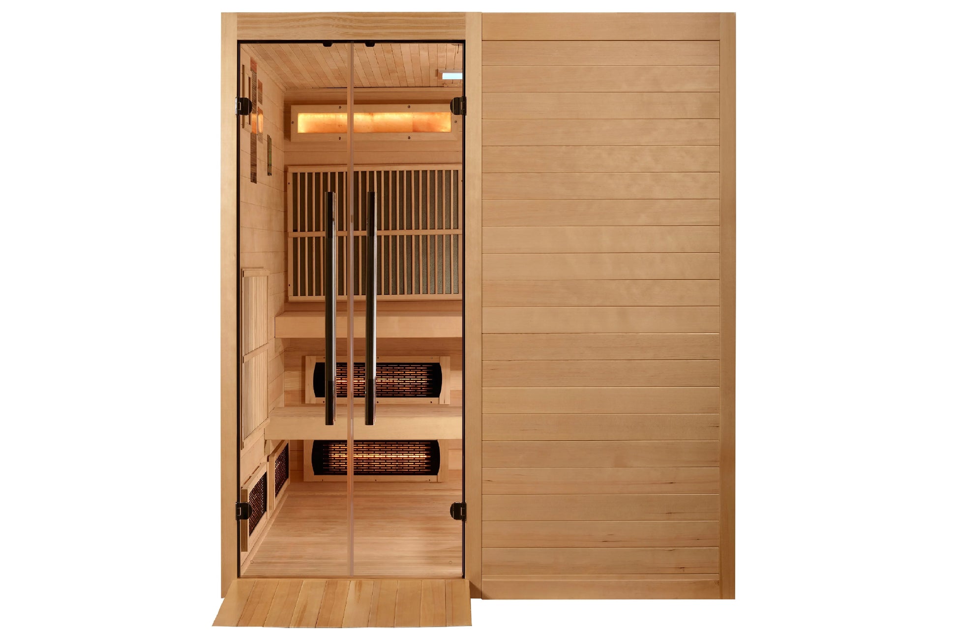 Golden Designs Toledo 6-person full spectrum hybrid sauna with wooden construction, glass door, infrared heaters, and benches