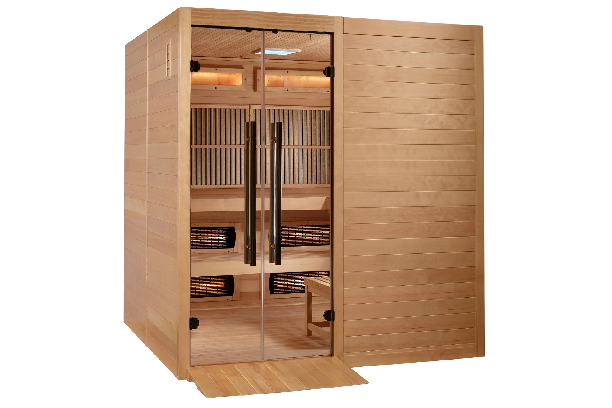 Golden Designs Toledo sauna with cedar wood construction, glass doors, interior benches, and infrared heaters on white backgr