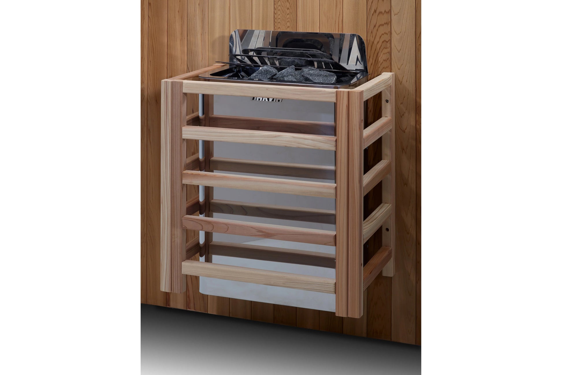 Golden Designs Toledo 6-person hybrid sauna with light wood frame, black interior, and multiple shelves against wooden backdr
