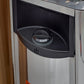 Stainless steel sauna with black curved door and digital control panel, wood frame visible on left side