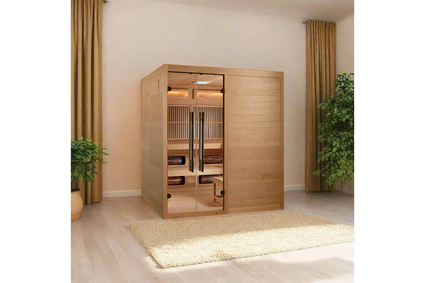 Golden Designs Toledo 6-person hybrid sauna with light wood cedar construction, glass front doors, and interior infrared heat