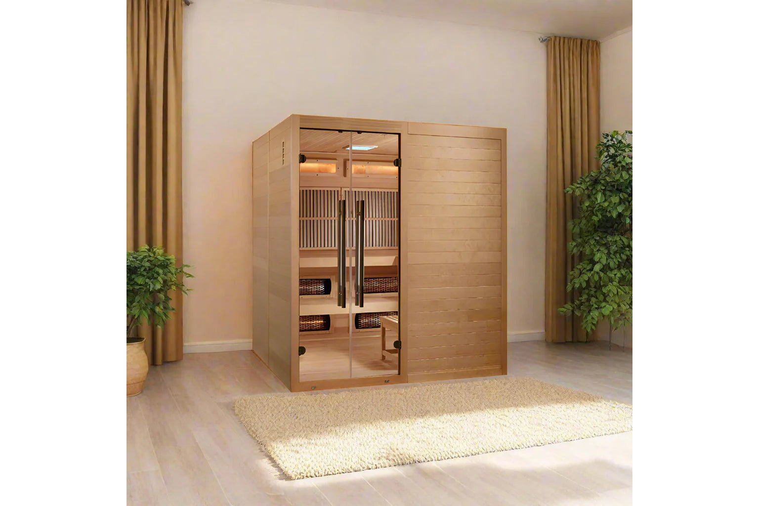 Golden Designs Toledo 6-person hybrid sauna with light wood cedar construction, glass front doors, and interior infrared heat