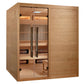 Golden Designs Toledo six-person infrared sauna with cedar wood construction, glass doors with handles, interior benches, and