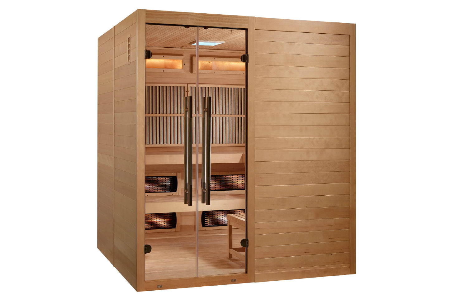 Golden Designs Toledo six-person infrared sauna with cedar wood construction, glass doors with handles, interior benches, and