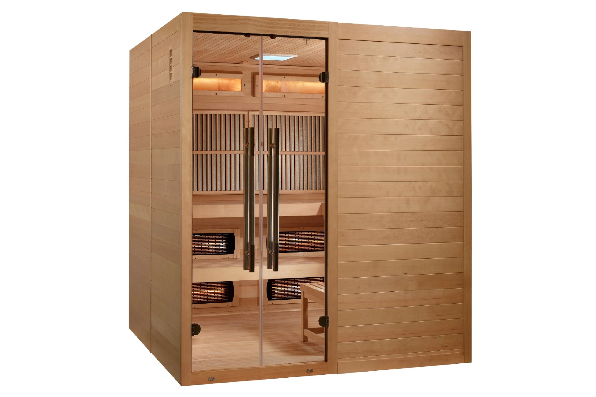 Golden Designs Toledo six-person infrared sauna with cedar wood construction, glass doors with handles, interior benches, and