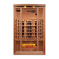 Golden Designs 2-3 person infrared sauna cabinet in light wood with glass door, interior heater visible, and illuminated Hima