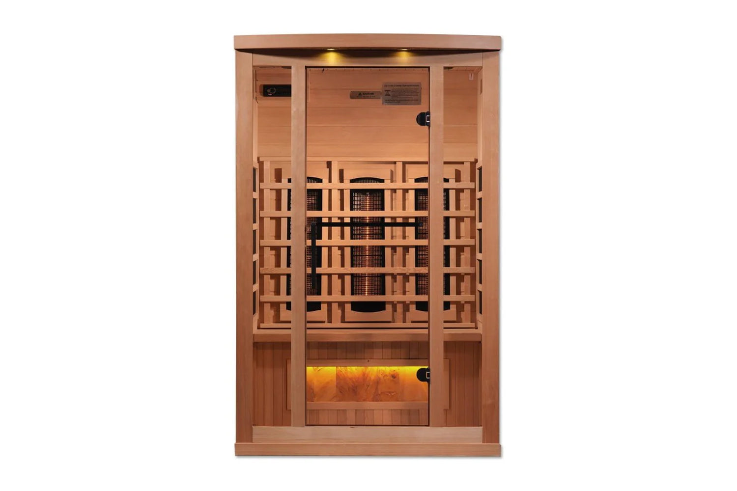 Golden Designs 2-3 person infrared sauna cabinet in light wood with glass door, interior heater visible, and illuminated Hima