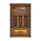 Golden Designs 2-3 person infrared sauna with light wood exterior, 12 glowing infrared heater elements, and illuminated Himal