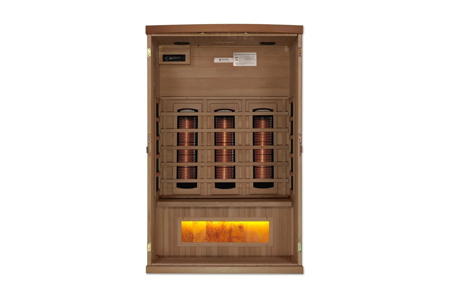 Golden Designs 2-3 person infrared sauna with light wood exterior, 12 glowing infrared heater elements, and illuminated Himal