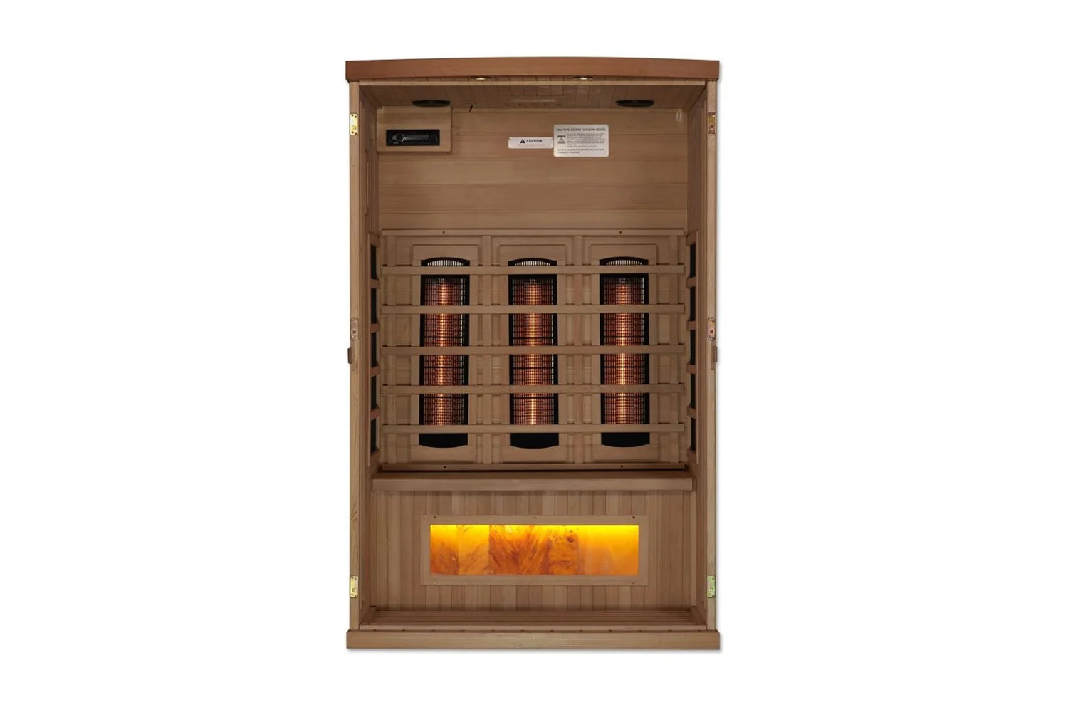 Golden Designs 2-3 person infrared sauna with light wood exterior, 12 glowing infrared heater elements, and illuminated Himal