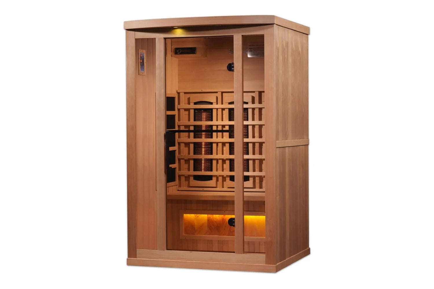 Golden Designs 2-3 person infrared sauna with cedar wood exterior, glass door, interior wood benches, and glowing amber heat 