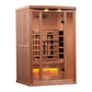 Golden Designs 2-3 person corner infrared sauna with red cedar wood construction, glass door, infrared heaters, and illuminat