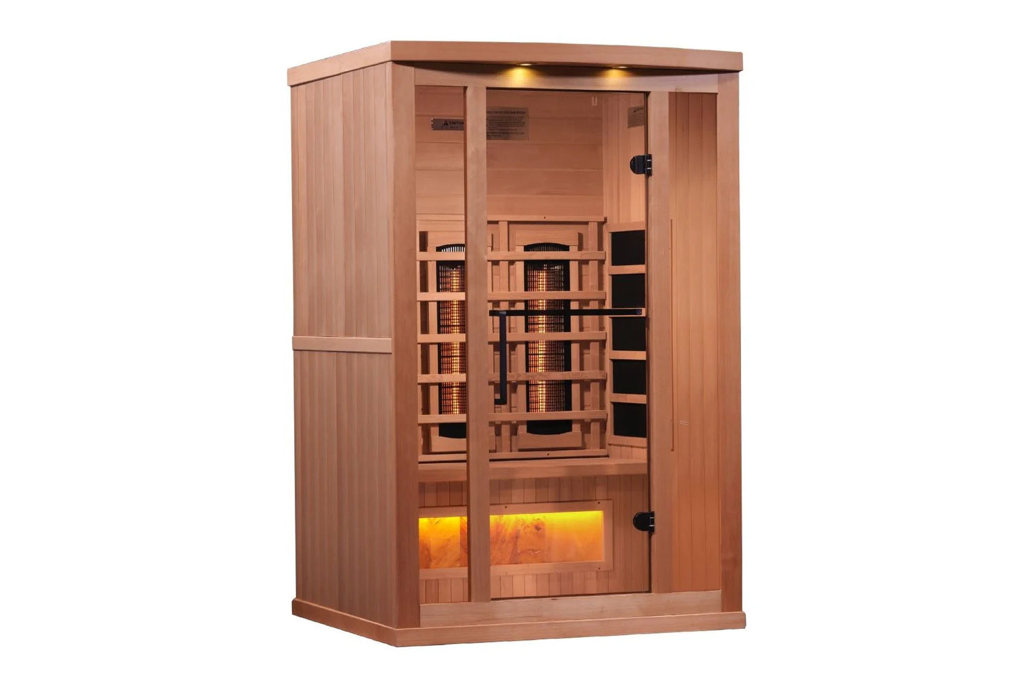 Golden Designs 2-3 person corner infrared sauna with red cedar wood construction, glass door, infrared heaters, and illuminat