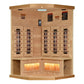 Golden Designs natural wood corner infrared sauna with five glass door panels, Himalayan salt bar, and illuminated interior o