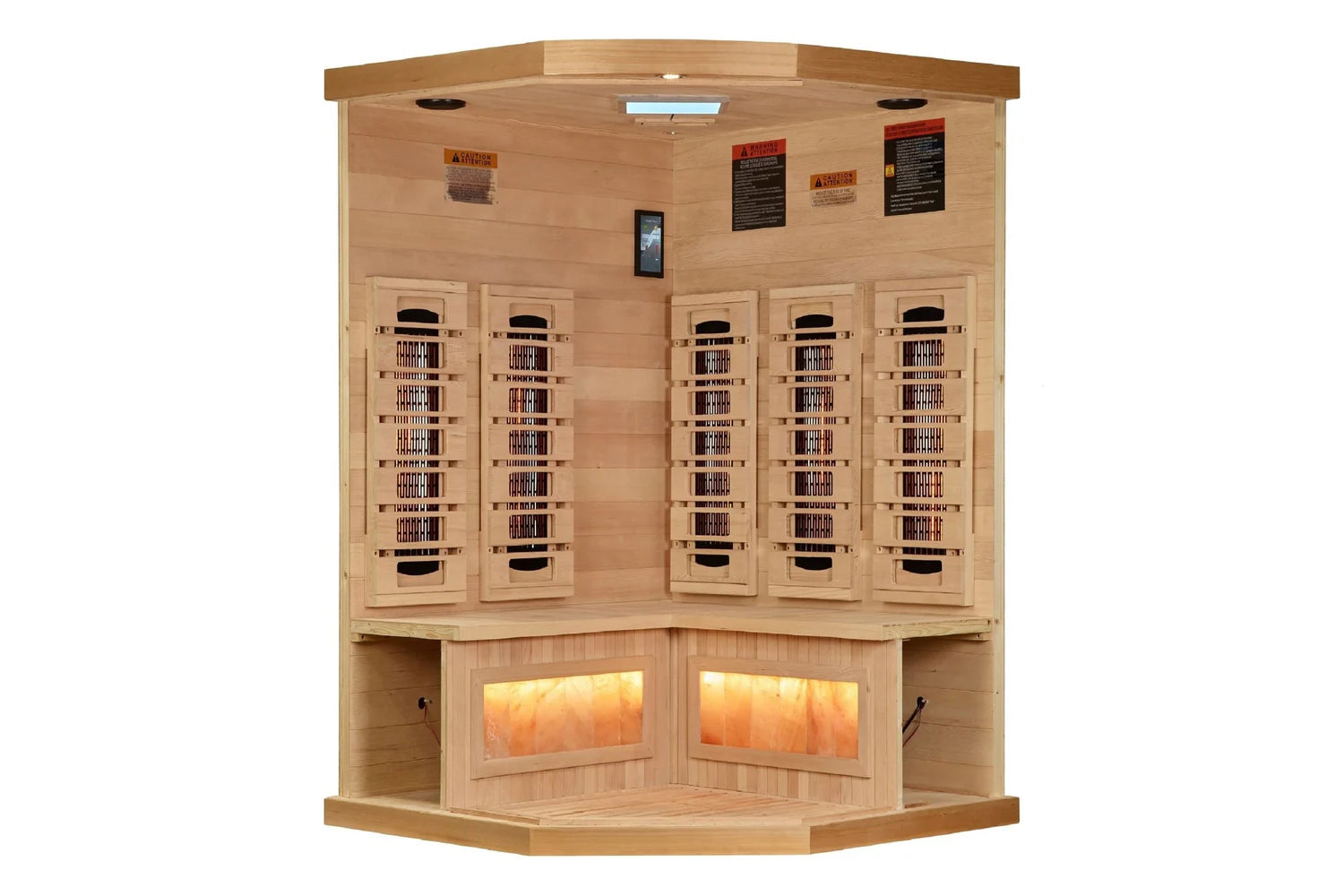 Golden Designs natural wood corner infrared sauna with five glass door panels, Himalayan salt bar, and illuminated interior o